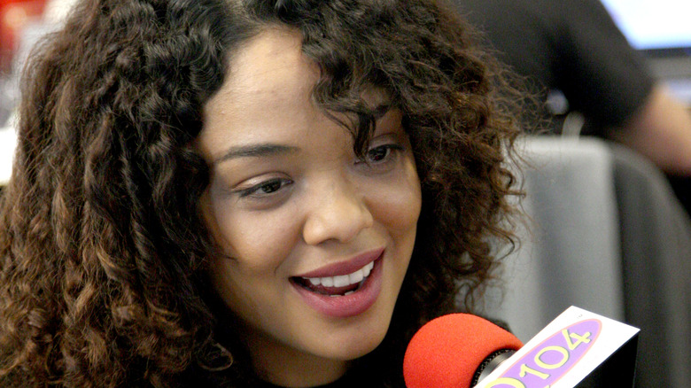 Tessa Thompson giving an interview