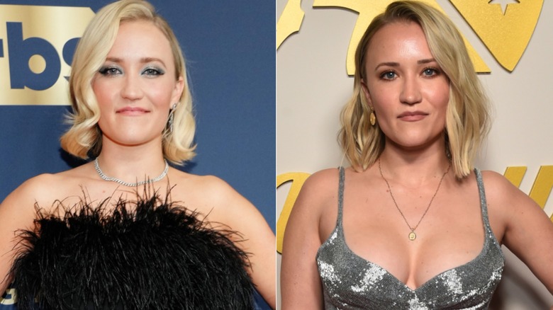 Side by side photos of Emily Osment smiling