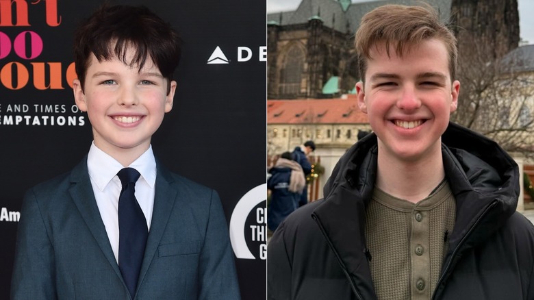 Side by side photos of Iain Armitage smiling as a child and a teen