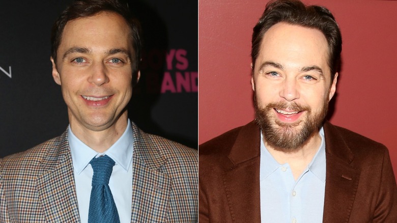 Side by side photos of Jim Parsons smiling with and without a beard