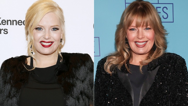 Side by side photos of Melissa Peterman smiling with light blond and dark blond hair