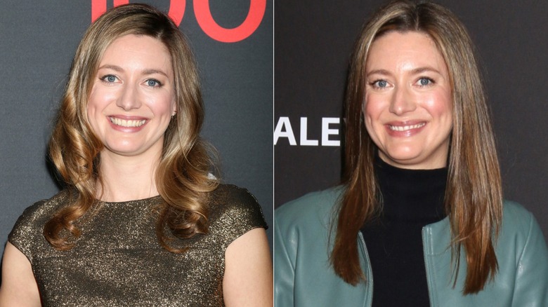 Side by side photos of Zoe Perry smiling