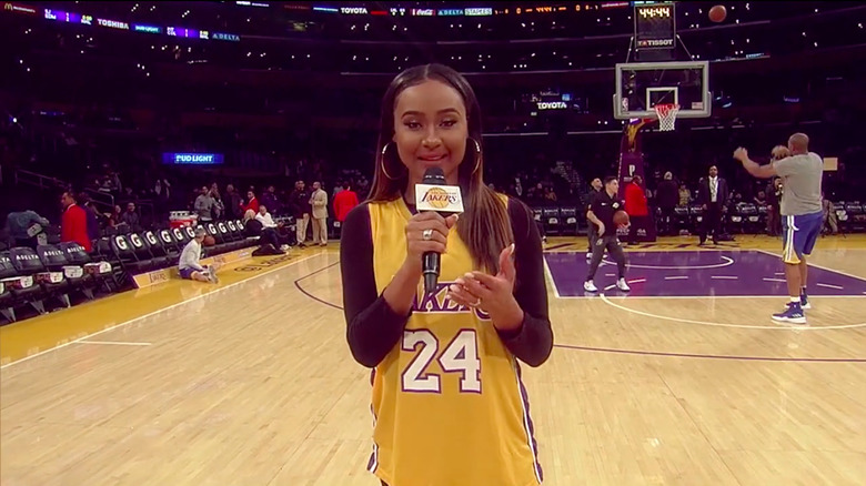 Kayla Nicole reporting in a Los Angeles Lakers jersey