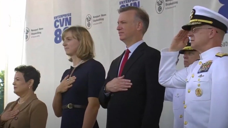 Katie Ledecky and other dignitaries at U.S.S. Enterprise ceremony