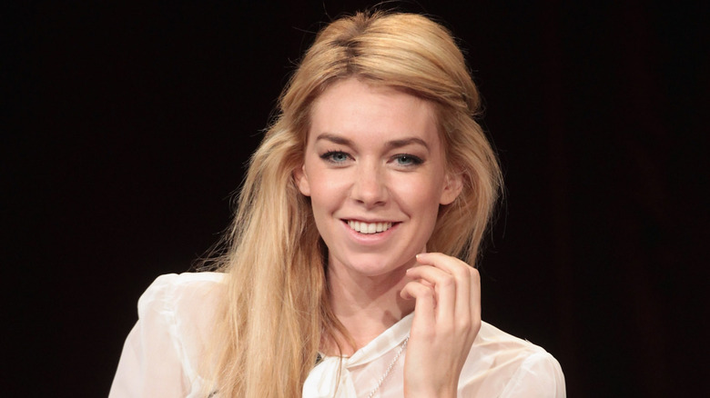 Closeup of Vanessa Kirby laughing