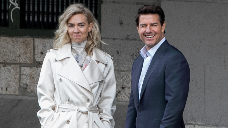 Vanessa Kirby and Tom Cruise shooting a scene outside