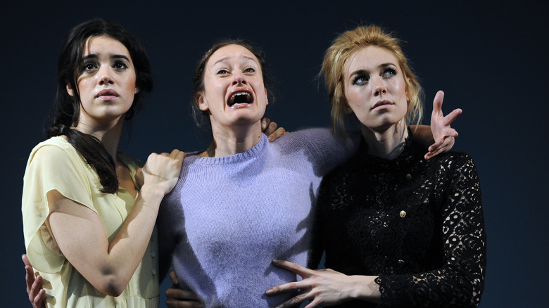 Vanessa Kirby on stage with co-stars during performance of "Three Sisters"