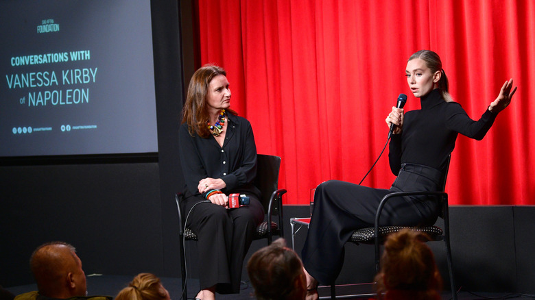 Vanessa Kirby speaking on stage about "Napoleon"