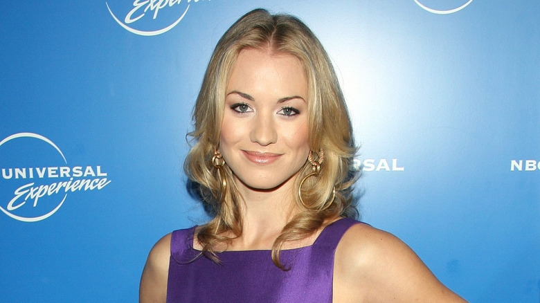 Yvonne Strahovski wearing a purple top