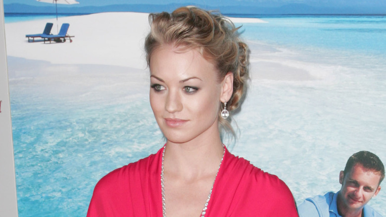 Yvonne Strahovski wearing a red dress