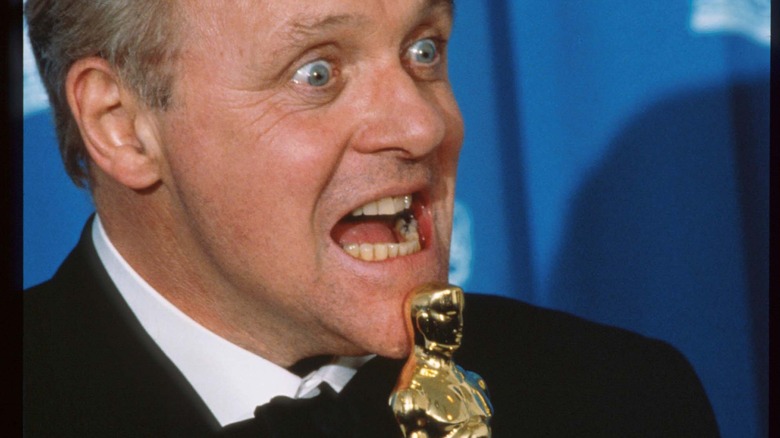 Anthony Hopkins celebrates his Oscar win in character