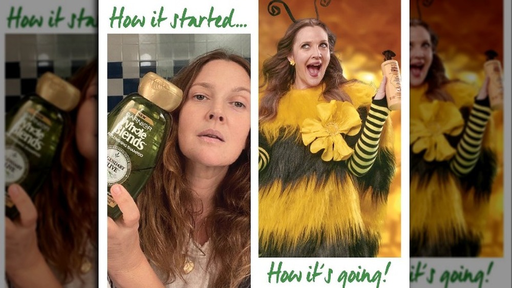 Drew Barrymore Garnier Selfie next to the final product ad in a bee suit