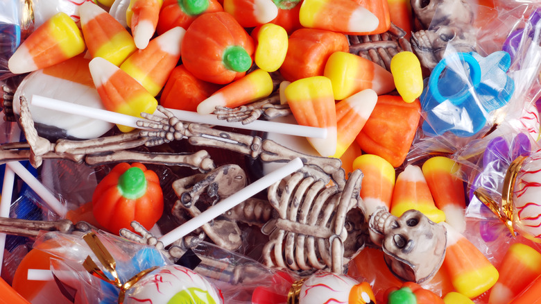 Close-up of candy and skeleton