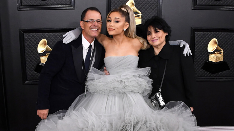 Ariana Grande with her parents at the 2020 Grammys