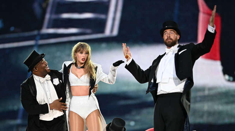 Travis Kelce on stage with Taylor Swift at Eras tour show in London