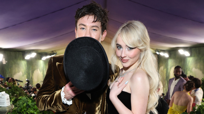 Sabrina Carpenter and Barry Keoghan posing for photos at The Met Gala