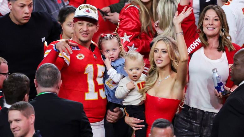 Brittany and Patrick Mahomes with their children after Super Bowl LVIII