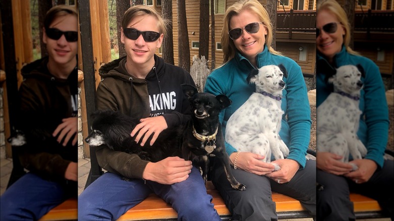 Alison Sweeney, her son, and their three family dogs in 2021