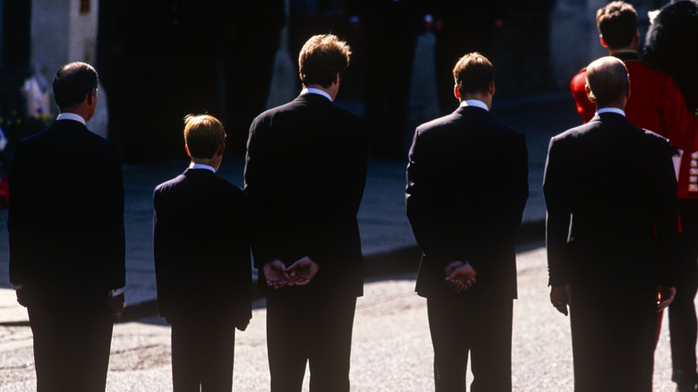 Prince Philip, Prince William, Prince Harry, and Prince Charles at Diana's funeral