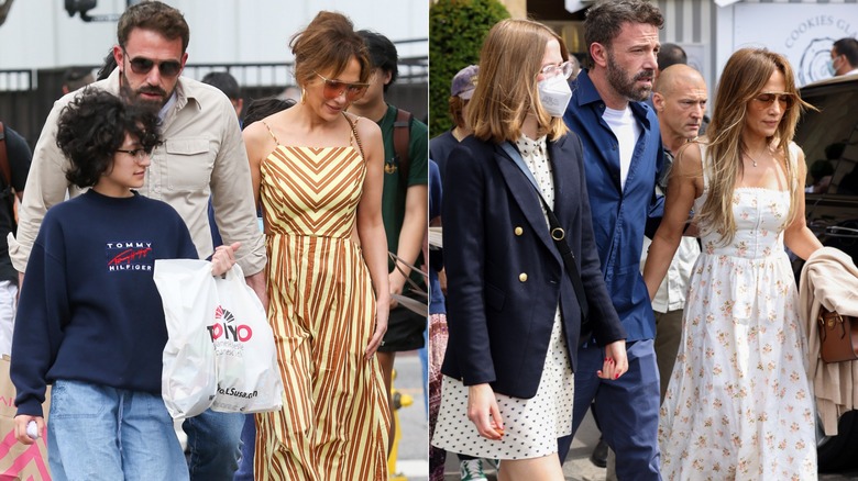 Left: Emme Muniz, Ben Affleck, and Jennifer Lopez; Right: Violet Affleck, Ben Affleck, and Jennifer Lopez