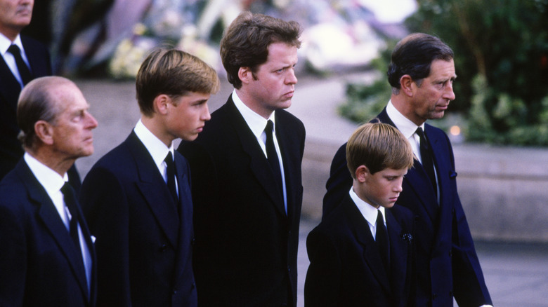 Prince Philip, Prince William, Earl Spencer, Prince Harry, and Prince Charles at Diana's funeral