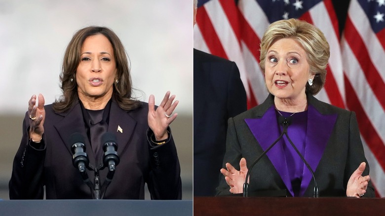 Split image of Kamala Harris and Hillary Clinton during their concession speeches