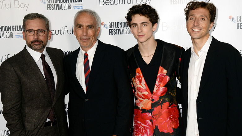 Steve Carrell, David Sheff, Timothee Chalamet, adn Nic Sheff promoting "Beautiful Boy"