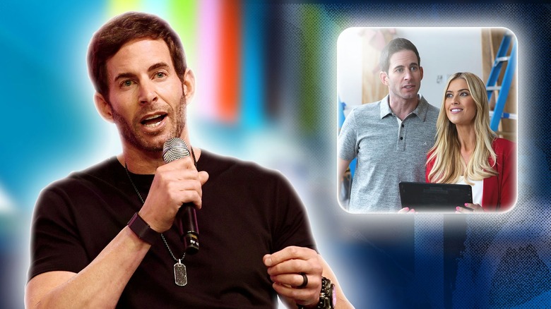 Side by side photos of Tarek El Moussa talking in a microphone and Tarek El Moussa and ex wife Christina Haak