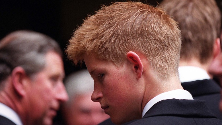 Prince Harry as a child looking behind him at St Paul's Cathedral