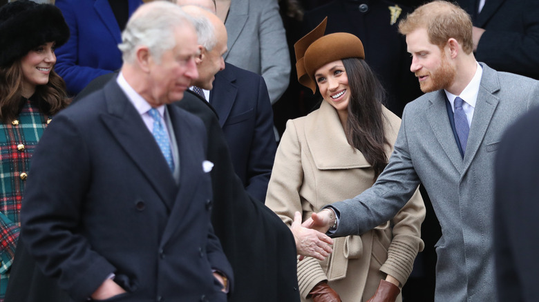 Charles with Meghan and Harry in the background 
