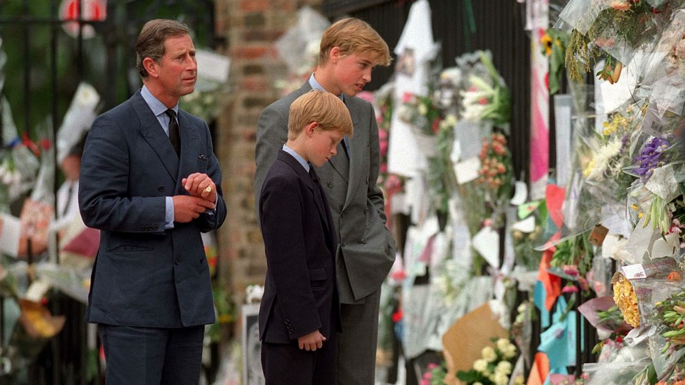 Prince William, Prince Charles, and Prince Harry at Princess Diana's memorial