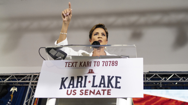 Kari Lake speaking to the public during her campaign for U.S. Senate