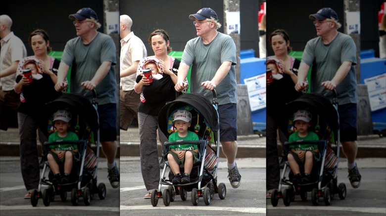 Philip Seymour Hoffman and son Cooper Hoffman walking with familiy