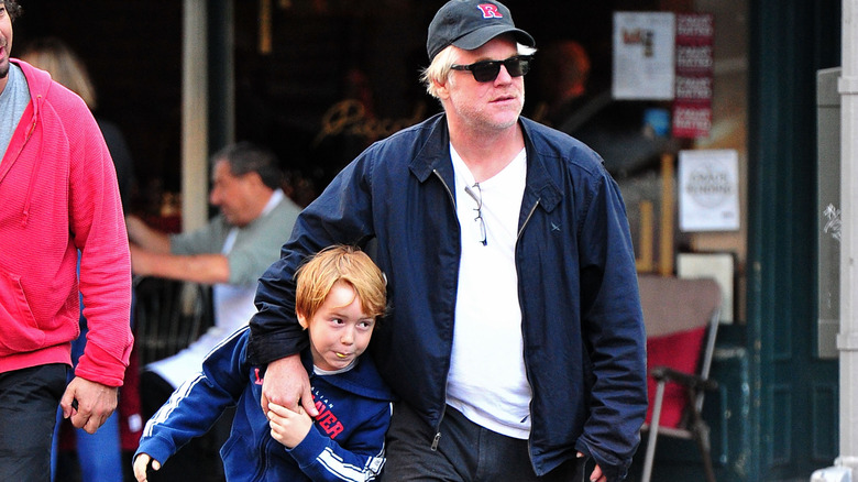 Philip Seymour Hoffman and son Cooper Hoffman walking