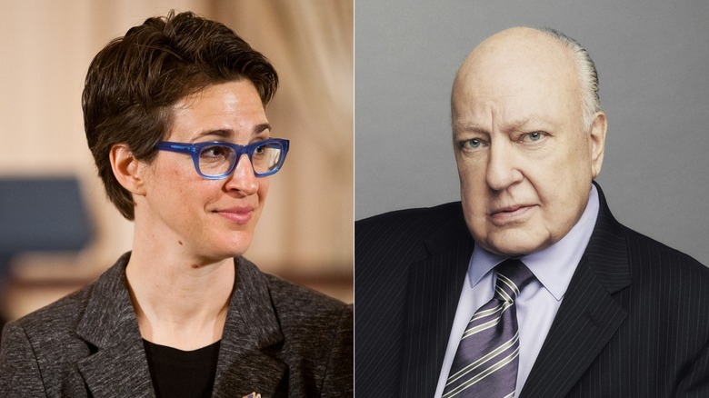 Split image of Rachel Maddow and Roger Ailes