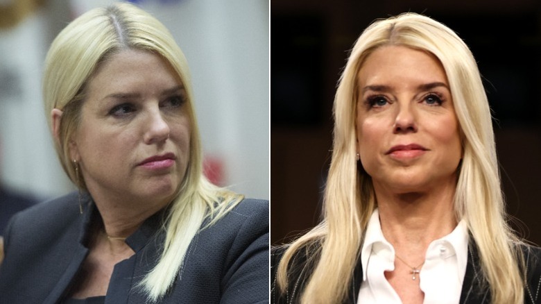 Split photo of Pam Bondi wearing a dark jacket in 2018 and 2025