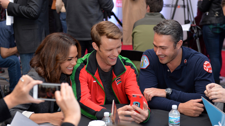 Actors Monica Raymund, Jesse Spencer and David Eigenberg attend a press junket for NBC's 'Chicago Fire', 'Chicago P.D.' and 'Chicago Med' a