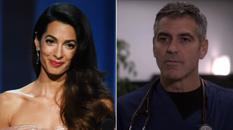 Amal Clooney smiling, George Clooney as Dr. Ross on ER