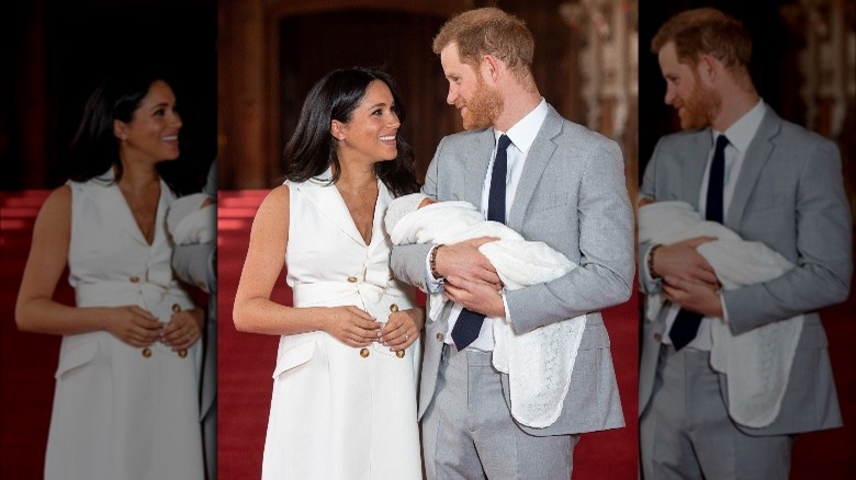 Harry and Meghan laughing with each other while Harry holds baby Archie