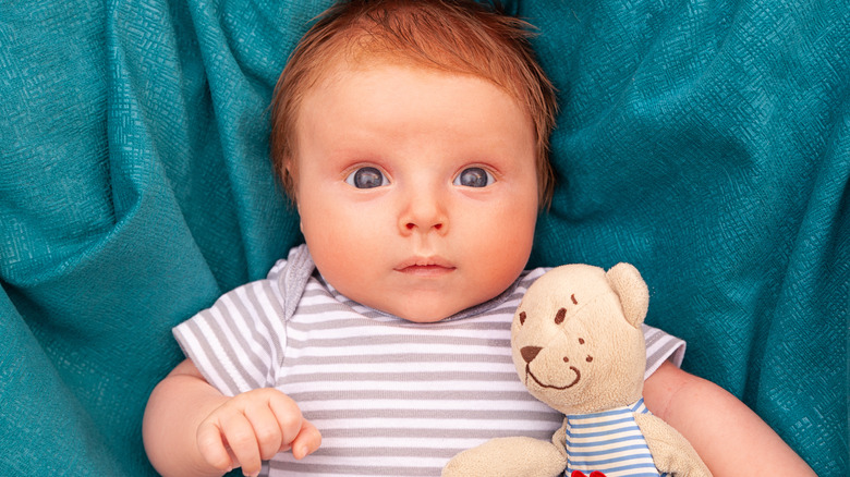 A blue-eyed baby with a teddy bear