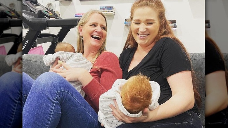 Christine Brown and daughter Mykelti Padron holding Myketli's twin boys, Ace Padron and Archer Padron