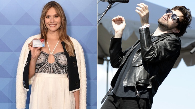 Elizabeth Olsen holding a card, and Robbie Arnett performing in black, split image