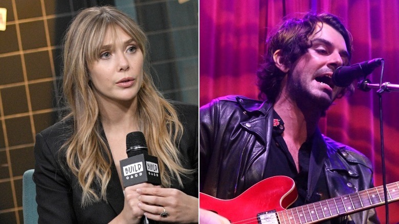 Elizabeth Olsen with a mic and Robbie Arnett playing guitar, split image