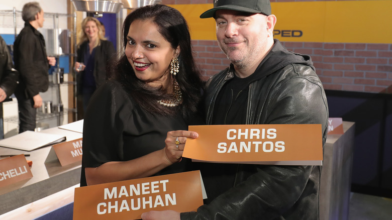 Maneet Chauhan and Chris Santos on the set of "Chopped"