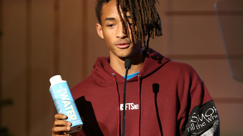 Jaden Smith holding Just Water carton 