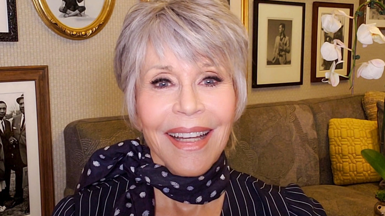 Jane Fonda smiling on webcam