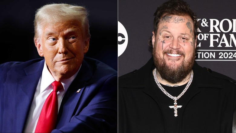 Donald J. Trump smirking, in a side by side photo with Jelly Roll, smiling