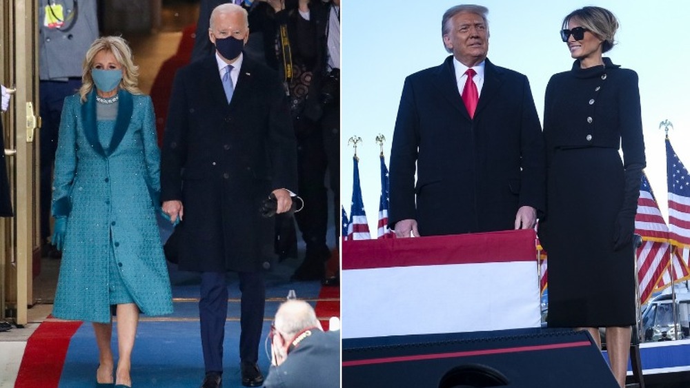 Joe and Jill Biden at Inauguration in light blue/Donald and Melania Trump in black suits departing D.C.