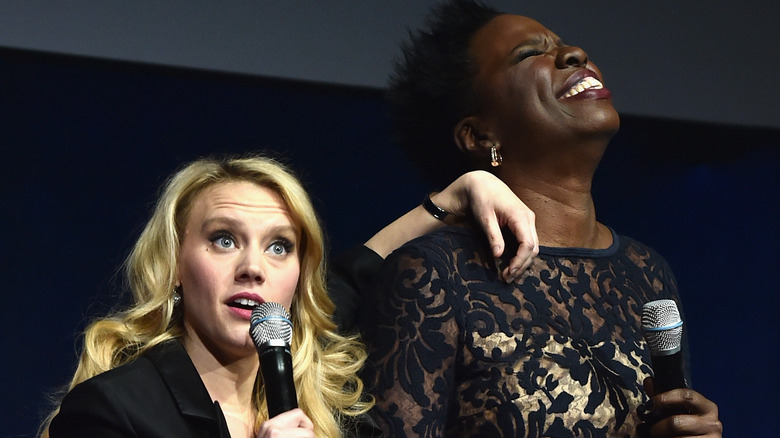 Leslie Jones and Kate McKinnon doing standup