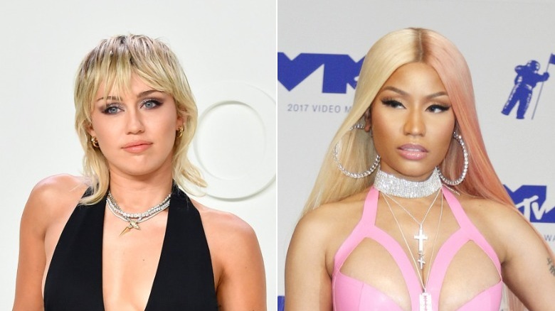 Miley Cyrus and Nicki Minaj pose on the red carpet